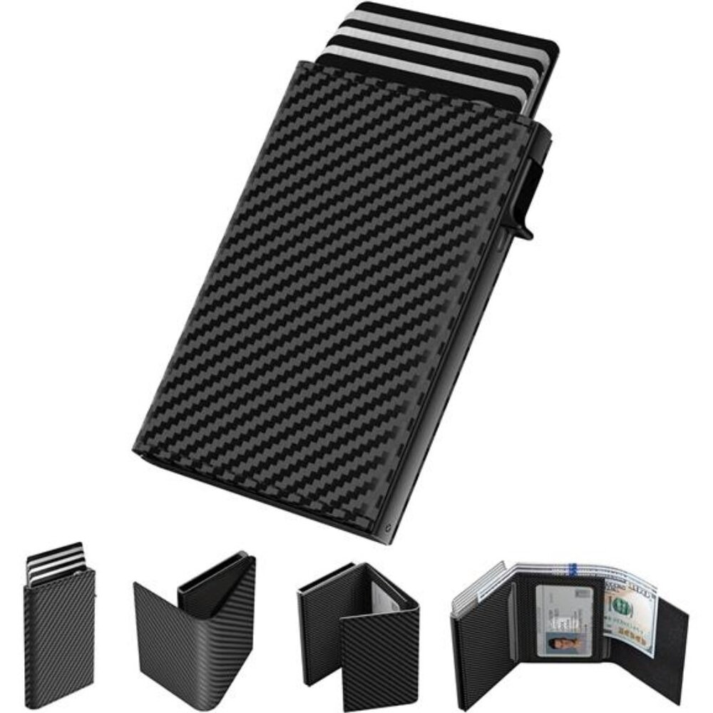 Mens Wallet Card Holder: Pop Up Aluminum Case, Genuine Leather, Smart, RFID